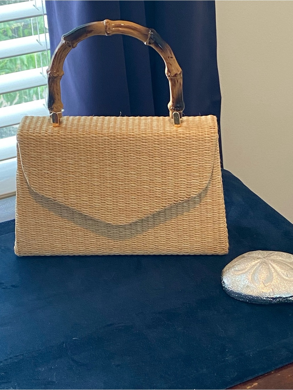 Tommy Bahama Cream Straw Clutch with Bamboo Handle and Gold Chain - Picture 2 of 2